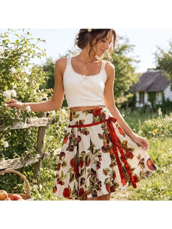 With Love Dresses & Skirts - Cottagecore Fruit Print Linen Pleated Skirt Fairy Coquette Ribbon Waist Small